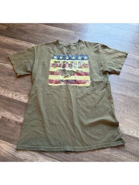 Ford Mens Graphic T-Shirt With Cracked Print - American Flag & Mustang - Green -